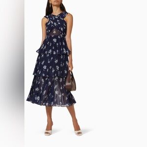 SELF-PORTRAIT Pansy Print Crossover Midi Dress in Chiffon